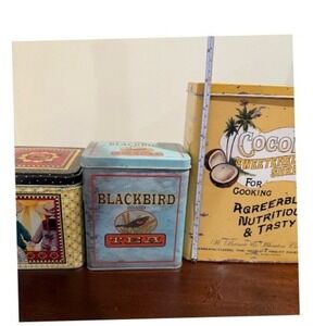Vintage Style Food Safe Tins Lot of 4 Coconut Blackbird‎ Tea Decor